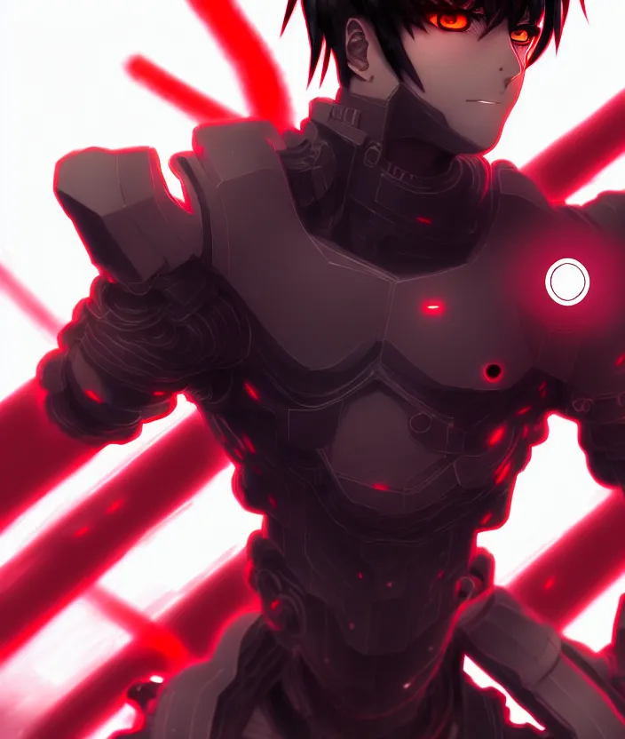 Image similar to a detailed manga illustration character full body portrait of a dark haired cyborg anime man who has a red mechanical eye, trending on artstation, digital art, 4 k resolution, detailed, high quality, sharp focus, hq artwork, insane detail, concept art, character concept, character illustration, full body illustration, cinematic, dramatic lighting