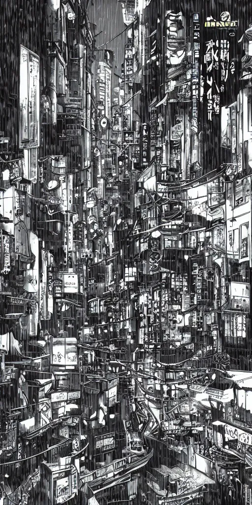 Image similar to manga illustration of poor cyberpunk city, rainy weather, highly detailed