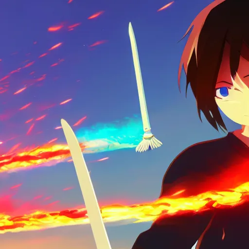 Image similar to sword made of fire in the style of Makoto Shinkai, colorful, beautiful, 4k