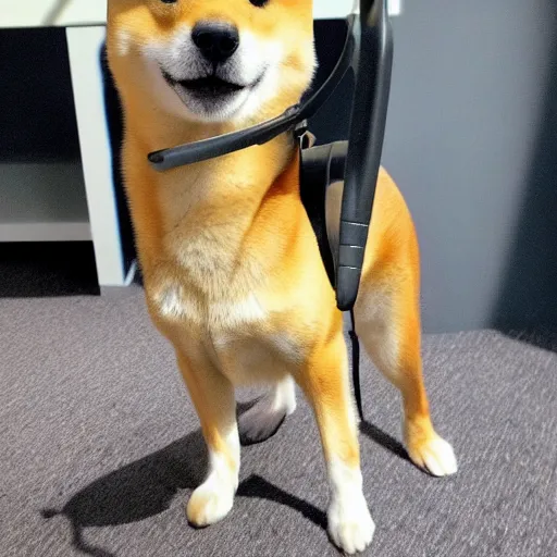 Image similar to a cheeky shiba inu wearing a stolen headset