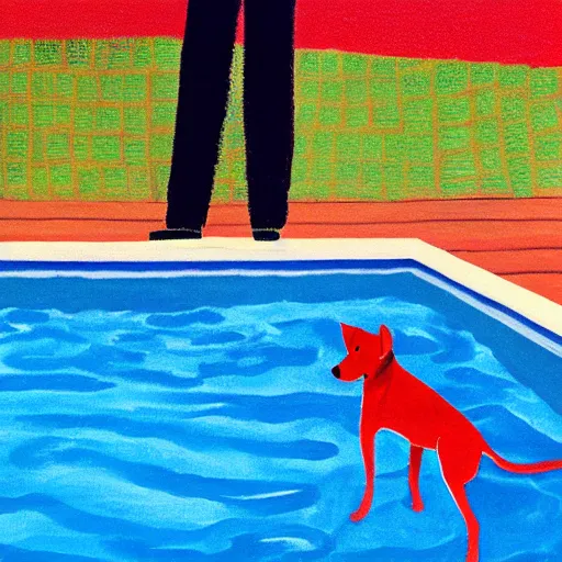 Prompt: close-up of a red dog at pool, painting by david hockney