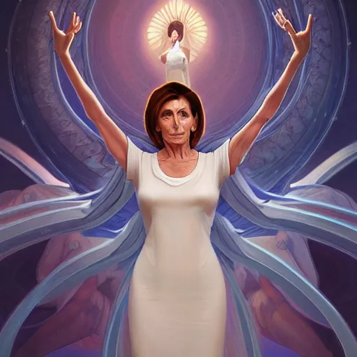 Image similar to Nancy Pelosi is a alien princess, white body dress, dramatic, open arms, cinematic lighting, intricate, elegant, highly detailed, digital painting, artstation, sharp focus, illustration, art by artgerm and greg rutkowski and alphonse mucha and Wayne Barlowe and william-adolphe bouguereau