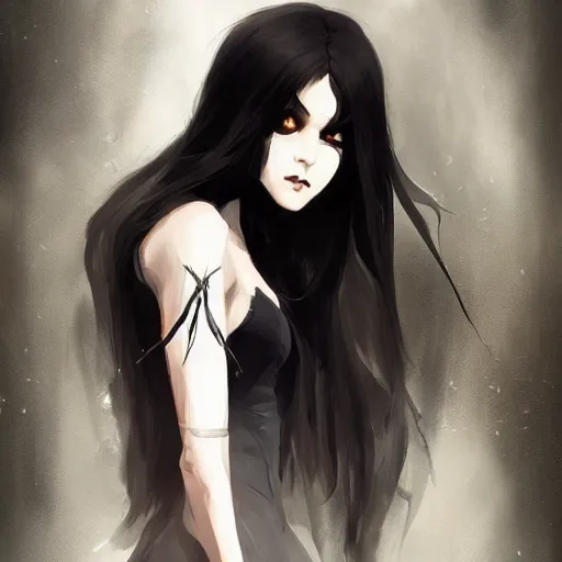 Image similar to female human vampire witch in the style of greg rutkowski, makoto shinkai, trending on artstation, character design, concept art, pretty face, highly detailed, long black hair, portrait, digital art