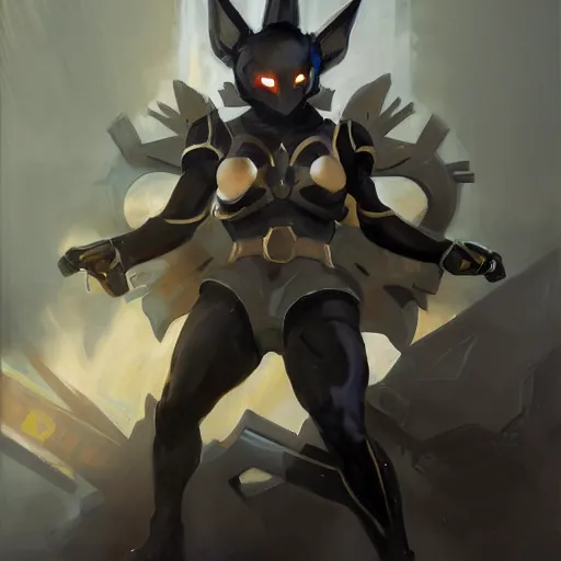 Image similar to greg manchess portrait painting of partially armored umbreon as overwatch character, medium shot, asymmetrical, profile picture, organic painting, sunny day, matte painting, bold shapes, hard edges, street art, trending on artstation, by huang guangjian, gil elvgren, ruan jia, greg rutkowski, gaston bussiere