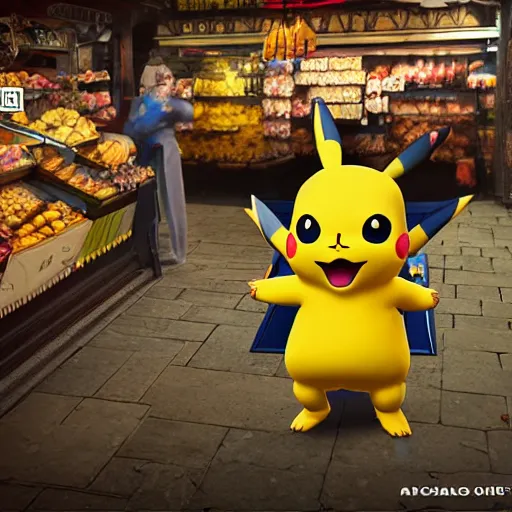 Image similar to unreal 5 render ultradetail of pikachu in an old english market place the style of the scream,