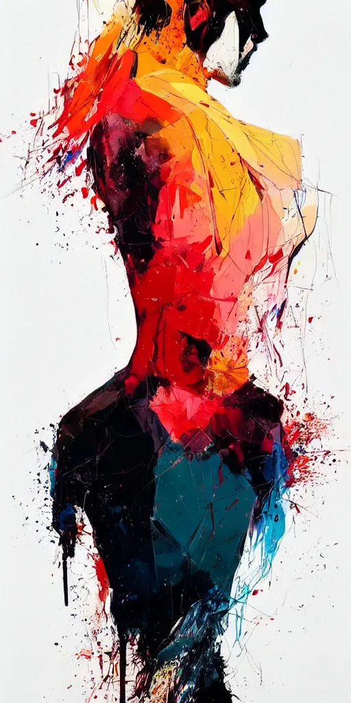 Image similar to abstract flowing brush strokes of the outline of the closeup torso of athletic man posing dramatically with no face, by conrad roset, dark background, painting trending on artstation