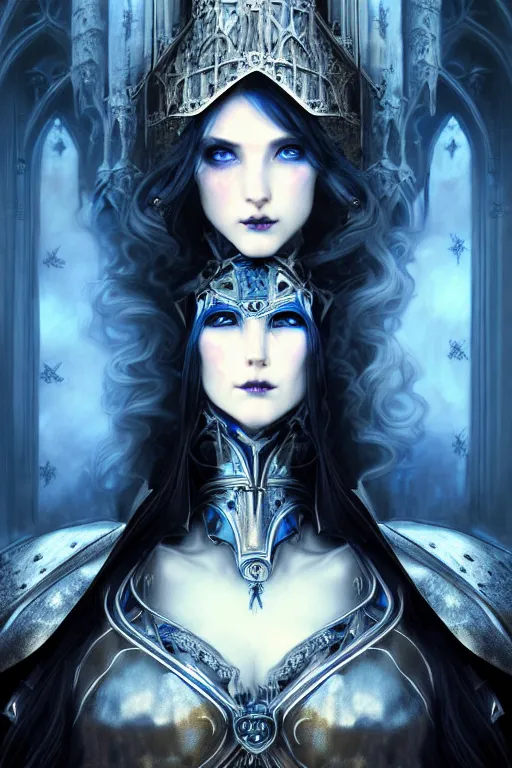 Image similar to beautiful luxury and gothic and victorian and evil medieval female blue & white color armor knight portrait+smoky eyes+light flowing hair, in ruin gothic cathedral, ultradetail face, art and illustration by tian zi and craig mullins and WLOP and alphonse mucha, fantasy, intricate complexity, human structure, fantasy world concept, watermark, blurry, hyperrealism 8k