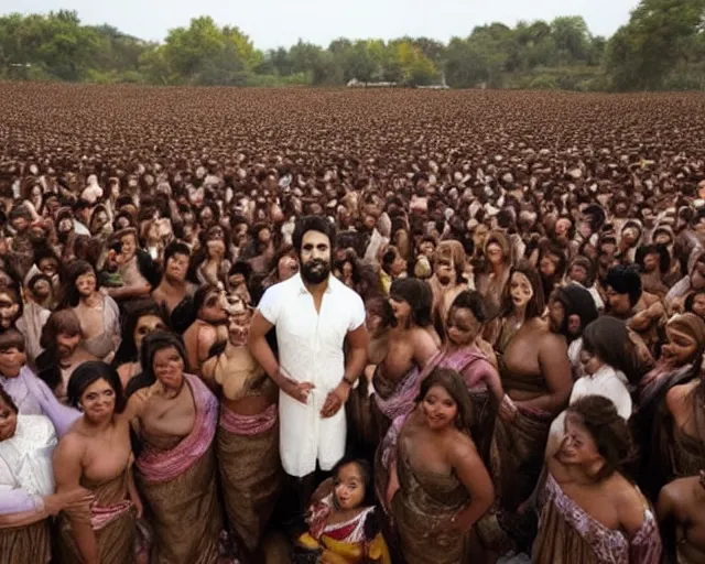 Image similar to a brown man with 10,100 adoring wives.