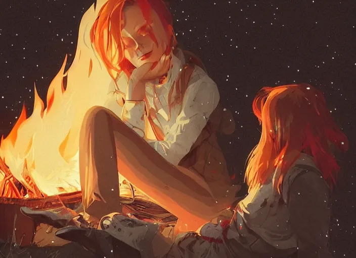 Prompt: woman sitting next to a campfire, cozy, night sky, digital art, highly detailed face, beautiful face, portrait, by conrad roset, by wlop, anime style, octane render