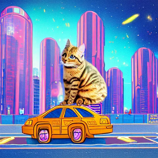 Prompt: A dystopian futuristic city street with a cat sitting on a car, digital painting, Lisa Frank colors