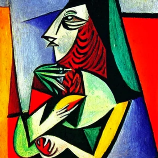 Prompt: a picasso painting of a woman eating fruit