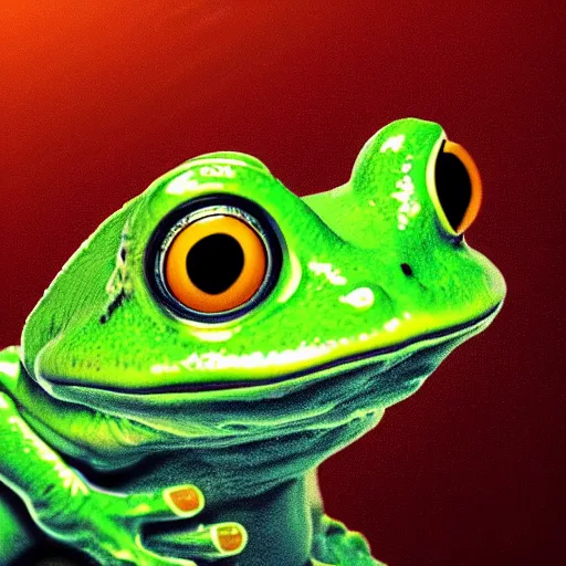 Prompt: sad humanoid frog holding his head in front of a computer screen in a dingy dark room at night. digital art.