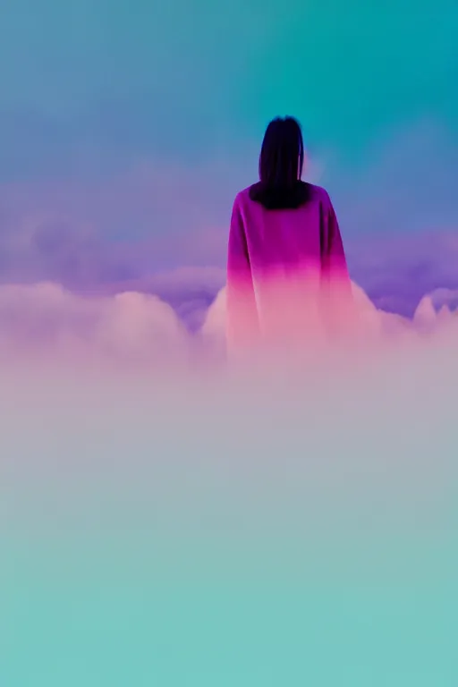 Image similar to high quality pastel coloured film photograph of a model wearing black clothing resting on cloud furniture clouds in a haze filled dreamstate world. three point light, rainbow. photographic production. art directed. pastel colours. volumetric clouds. pastel gradient overlay. waves glitch artefacts. 8 k. filmic.