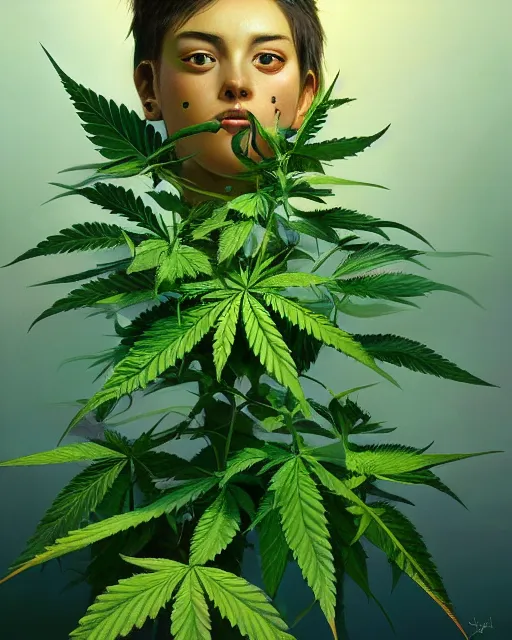 Image similar to an ultradetailed beautiful portrait panting of an anthropomorphic marihuana plant, front view, oil painting, by ilya kuvshinov, greg rutkowski and makoto shinkai