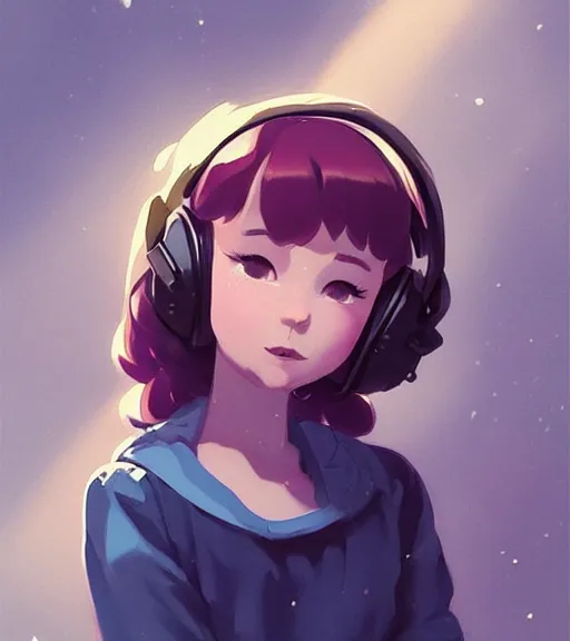 Image similar to beautiful little girl character inspired by 9 0's fashion and by madeline from celeste, art by rossdraws, wlop, ilya kuvshinov, artgem lau, sakimichan and makoto shinkai, concept art, headphones, anatomically correct, very coherent