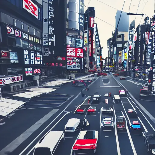 Image similar to A Jdm car drifting in shibuya streets, Hd, PhotoReal, Japanese, Moving