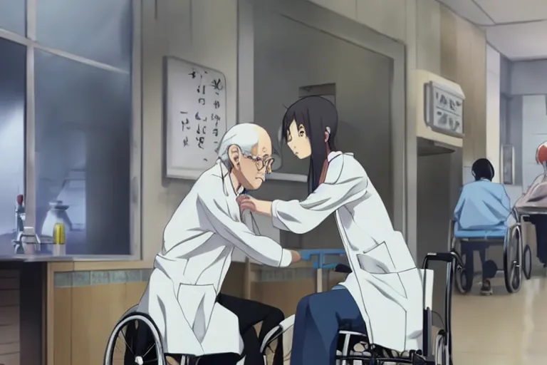 Image similar to a cute young female doctor wearing white coat are serving an old man in a wheelchair in a hospital ward, slice of life anime, cinematic, realistic, anime scenery by Makoto shinkai