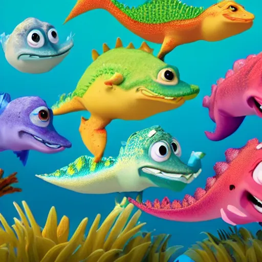 Prompt: aquatic baby fish dinosaurs rendered by pixar