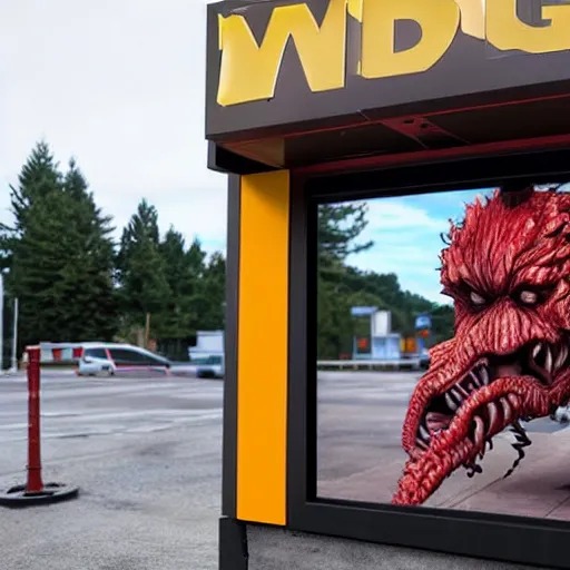 Image similar to A Demogorgon working at the drive-thru of a McDonald\'s, cinematic, 8k, hyper realistic