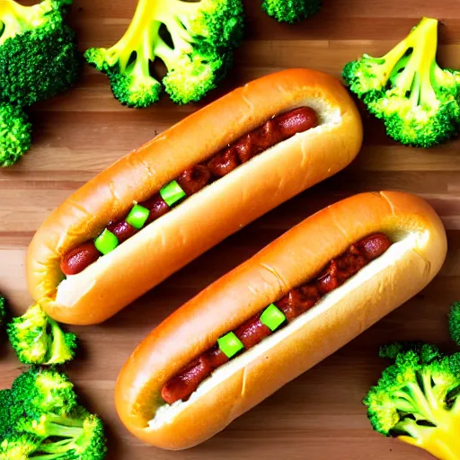 Prompt: photo shoot portrait of a delicious hot dog, broccoli and apple on top, mustard,