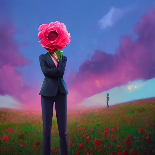 Prompt: closeup, giant rose flower head, frontal, a girl with suit, surreal photography, sunrise, blue sky, dramatic light, impressionist painting, digital painting, artstation, simon stalenhag