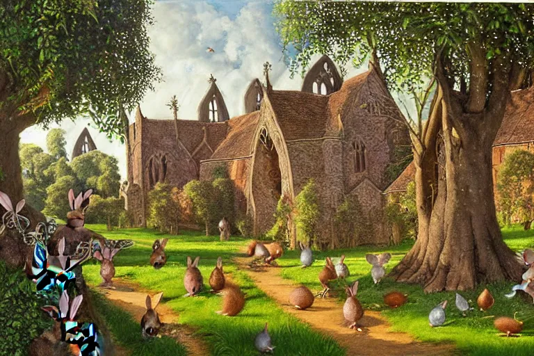 Image similar to an elaborate and dense painting of redwall abbey in mossflower wood with lots of mice and rabbits and otters walking around, detailed by brian jacques and greg rutowski