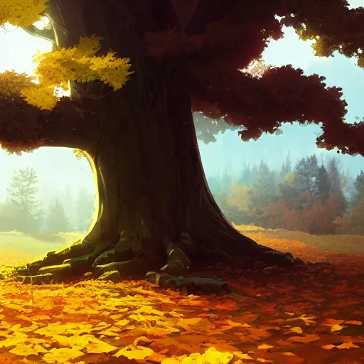 Image similar to a tall old tree with golden leaves, characterized by roman shipunov, etienne hebinger, atey ghailan, cgsociety, cynical realism, fantasy art, 2 d game art