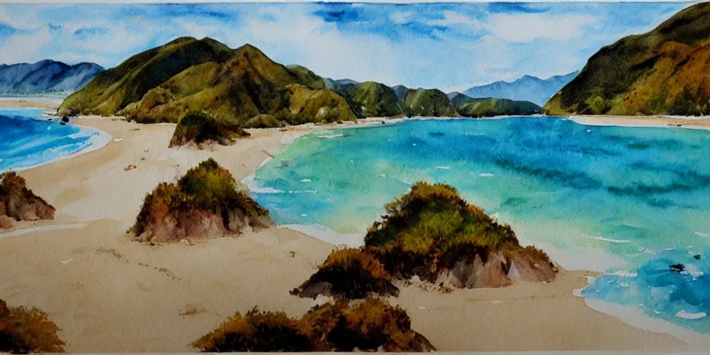 Image similar to golden bay new zealand, abel tasman, amazing watercolor painting, trending on artstation