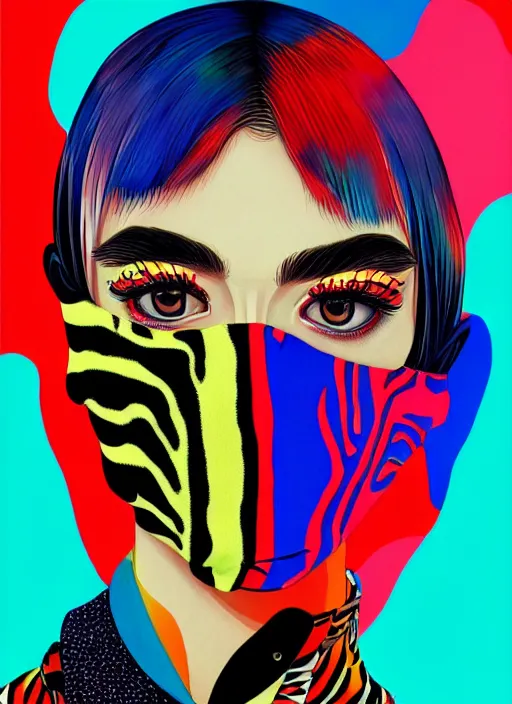 Prompt: high fashion model wearing black balaclava, red and blue zebra pattern in face, psychedelic color theme, beautiful hyperrealisitic portrait of burning police officer, tristan eaton, victo ngai, artgerm, rhads, ross draws