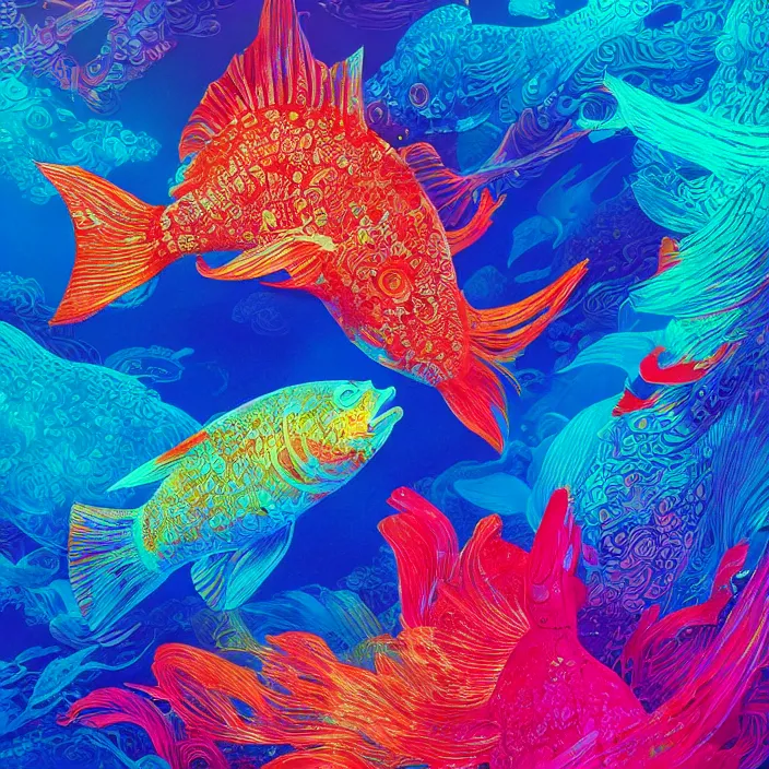 Image similar to colorful fish swimming, in intricate abstract. delicate artwork. by Tooth Wu, wlop, beeple, dan mumford. octane render, trending on artstation, greg rutkowski very coherent symmetrical artwork. cinematic, hyper realism, high detail, octane render, 8k, depth of field, bokeh. chrome accents.