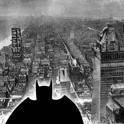 Prompt: old black and white photo, 1 9 1 3, depicting batman from dark knight on top of skyscraper of new york city, rule of thirds, historical record