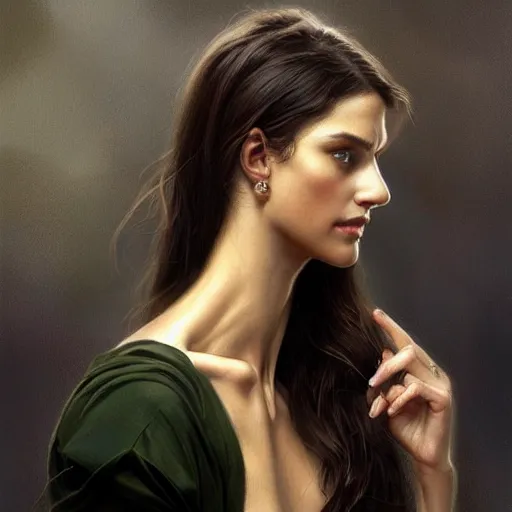 Prompt: Portrait of a Brazilan Supermodel, normal neck, beautiful eyes, olive skin, long dark hair, beautiful bone structure, intricate, elegant, highly detailed, digital painting, artstation, concept art, smooth, sharp focus, illustration, art by artgerm and greg rutkowski and alphonse mucha