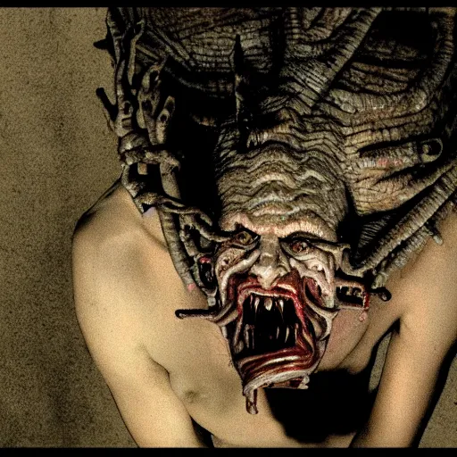 Image similar to a demonic monster eating a human, inspired by the thing, david lynch, cronenberg, rob zombie film