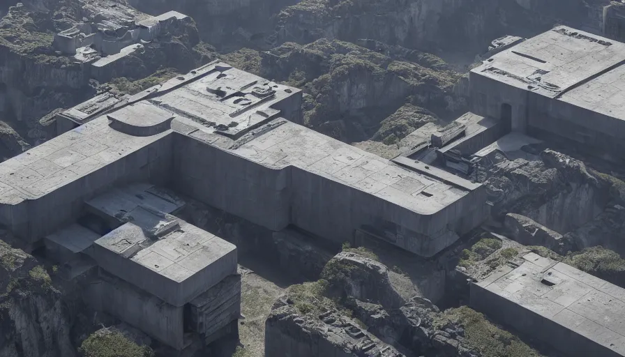 Prompt: big brutalist imperial military base on cliffs, drawing architecture, very long shot, top angle, imperial architecture in rogue one, pritzker architecture prize, brutalism architecture, jan urschel, roger deakins, greig fraser