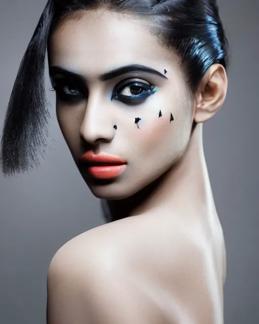 Image similar to a beautiful hyperrealistic ultradetailed, one indian model looking girl in a avant garde clothes on Gray Background for photo, photo studio, studio photography, studio light, photo for magazine, Designer clothes, futuristic clothes, clothes from the future, voge photo, fashion style, fullbody, in full growth, Clear facial features, photorealistic, high resolution, highly detailed, details, good clear quality