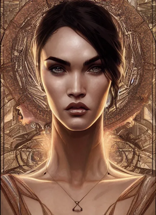 Image similar to symmetry!! megan fox, machine parts embedded into face, intricate, elegant, highly detailed, digital painting, artstation, concept art, smooth, sharp focus, illustration, art by artgerm and greg rutkowski and alphonse mucha, 8 k