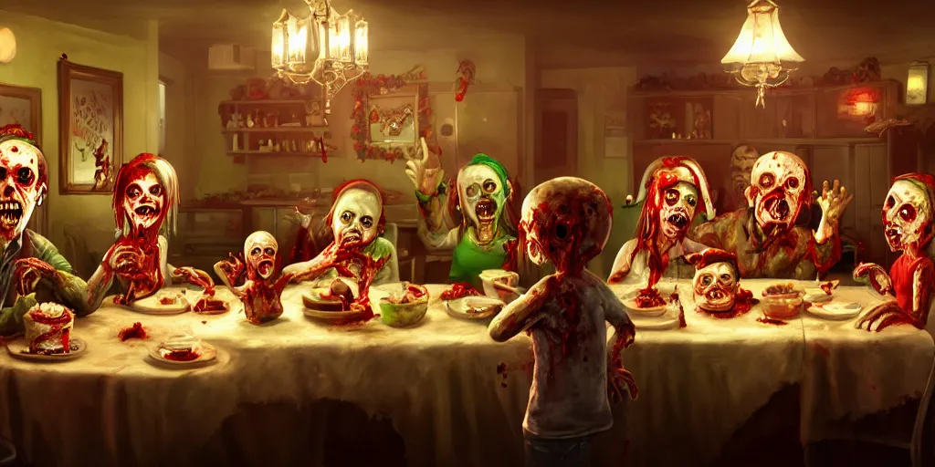 Prompt: a zombie family christmas diner, wide angle, super highly detailed, professional digital painting, artstation, concept art, smooth, sharp focus, no blur, no dof, extreme illustration, unreal engine 5, photorealism, hd quality, 8 k resolution, cinema 4 d, 3 d, beautiful, cinematic, art by wlop