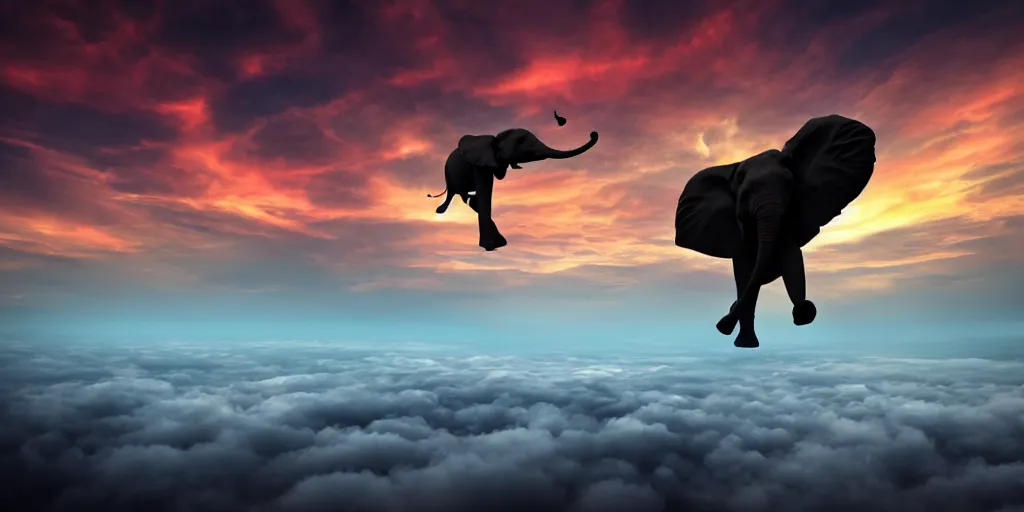 Prompt: an elephant flying over the clouds, sunset, moody, anime, cyberpunk