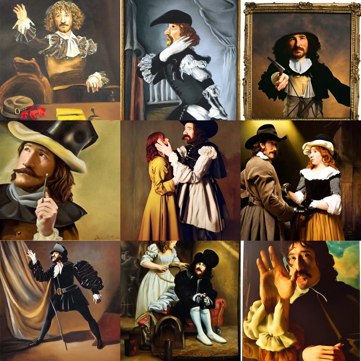 Prompt: Cyrano de Bergerac is grabing Roxanne (Haley Bennet)'s hand, dramatic, high contrast, theatrical, lumnious, cinematic lights, oil canvas by Csók István, Munkácsi and Hollósy Simon