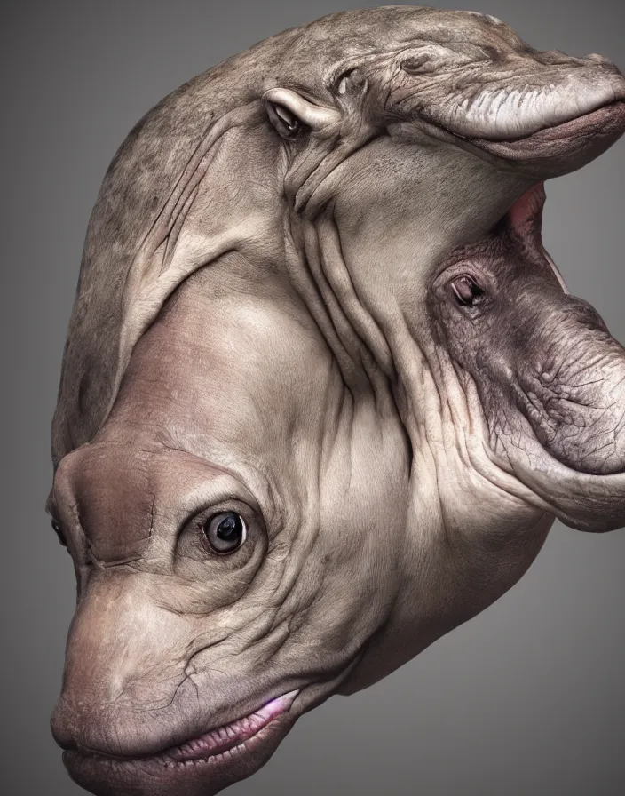 Image similar to closeup portrait of muscular animal human merged head dolphin, merged with monkey head, hippo face morphed, horse head animal merge, morphing dog head, merging crocodile head, anthropomorphic, creature, solid background