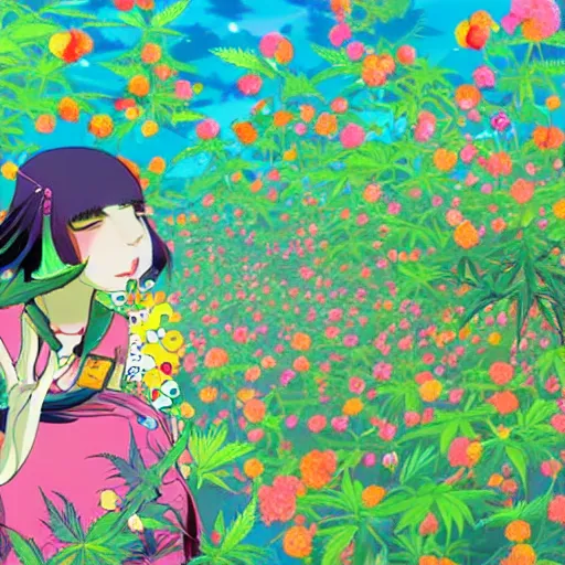 Prompt: cannabis people advocate for freedom to grow in their own backyard, pop art colorful whimsical anime fantasy vibrant, by chiho aoshima