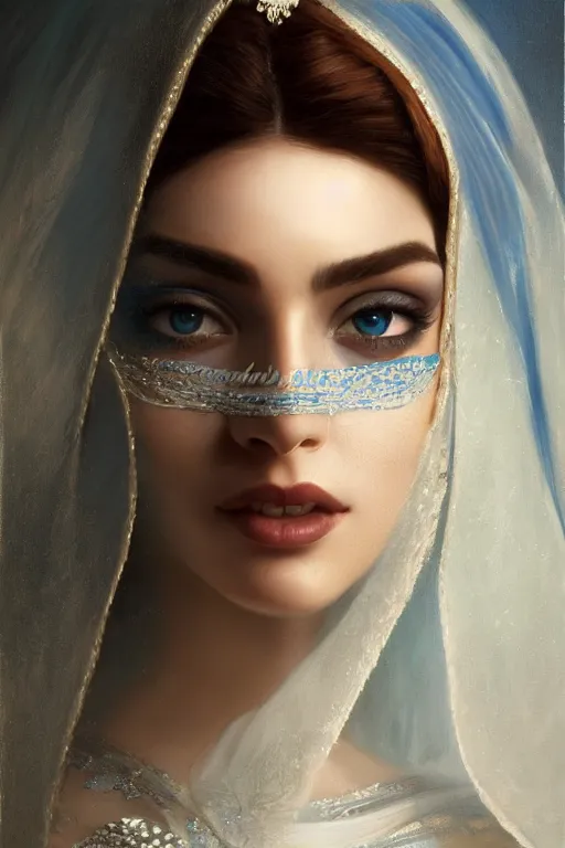 Image similar to ameera al taweel, bright blue eyes, long wavy black hair, white veil, front closeup, cinnamon #b57e59 skin color, elegant, highly detailed, centered, oil painting, artstation, concept art by tom bagshaw