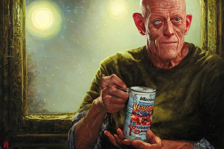 Image similar to portrait of michael berryman outside at night eating a can of beans, an oil painting by ross tran and thomas kincade