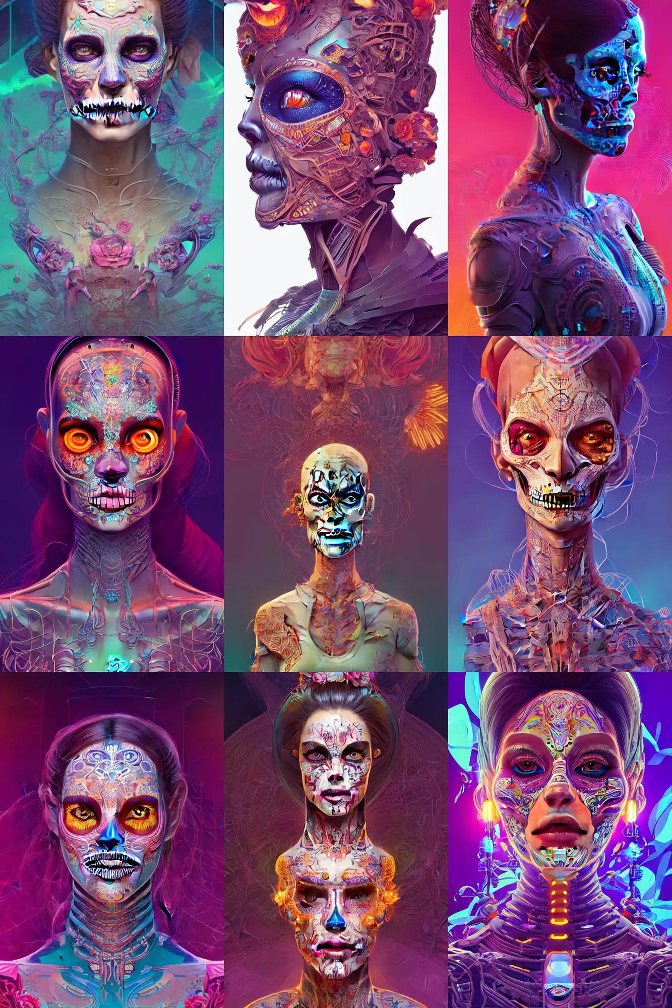 Prompt: beautiful female android, highly detailed vfx side portrait, intricate detailed environment, global illumination, by james jean and moebius and artgerm and liam brazier and victo ngai and and tristan eaton. detailed, vector art, digital illustration, concept art, dia de los muertos. 8 k, hdr