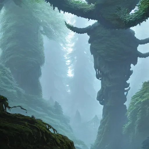 Image similar to alien undergrowth overwhelming a redwood forest, ferns and waterfalls shadow of the colossus screenshot by j. c. leyendecker, simon stalenhag, studio ghibli, barlowe, audobon and beksinski