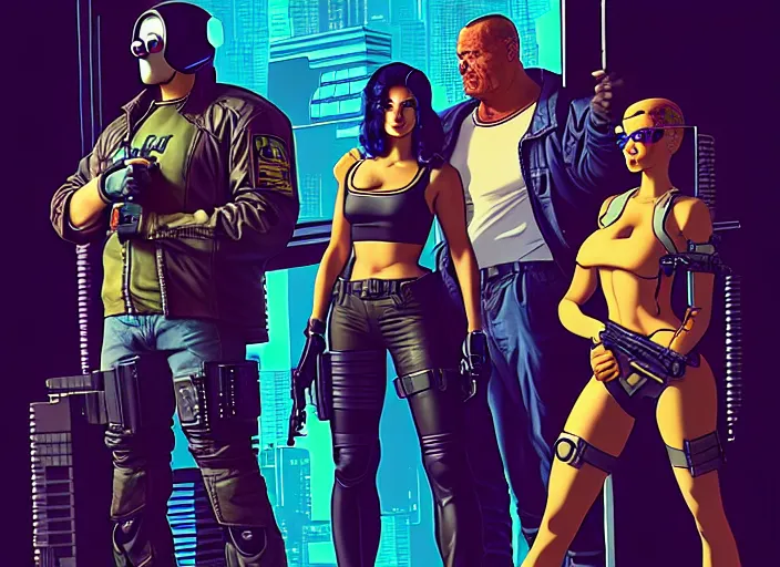 Image similar to cyberpunk infiltration team. portrait by stonehouse and mœbius and will eisner and gil elvgren and pixar. character design. realistic proportions. cyberpunk 2 0 7 7 character art, blade runner 2 0 4 9 concept art. cel shading. attractive face. thick lines. the team. diverse characters. artstationhq.