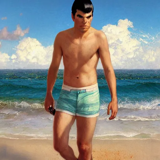 Image similar to ZACHARY QUINTO SPOCK in tropical shorts, beach, sun shining, (SFW) safe for work, photo realistic illustration by greg rutkowski, thomas kindkade, alphonse mucha, loish, norman rockwell