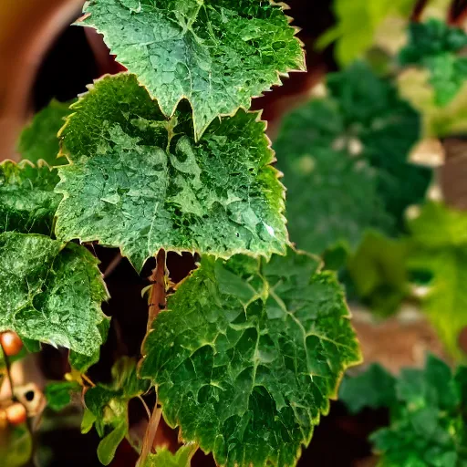 Prompt: macro photo of ivy - covered shining grail with wine