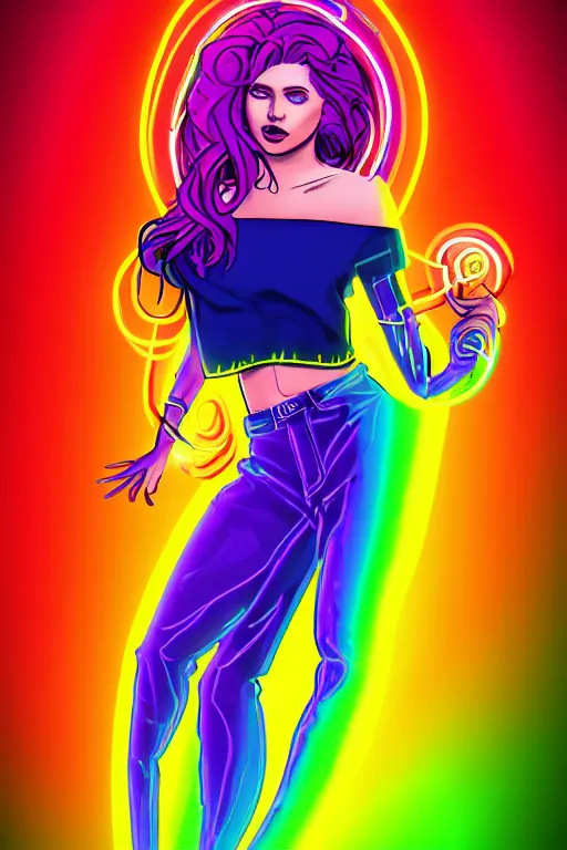 Prompt: a award winning portrait of a beautiful woman with stunning eyes in a one off shoulder crop top and cargo pants with rainbow colored hair, outlined by whirling illuminated neon lines and fine lines swirling in circles by marvel comics, digital art, trending on artstation