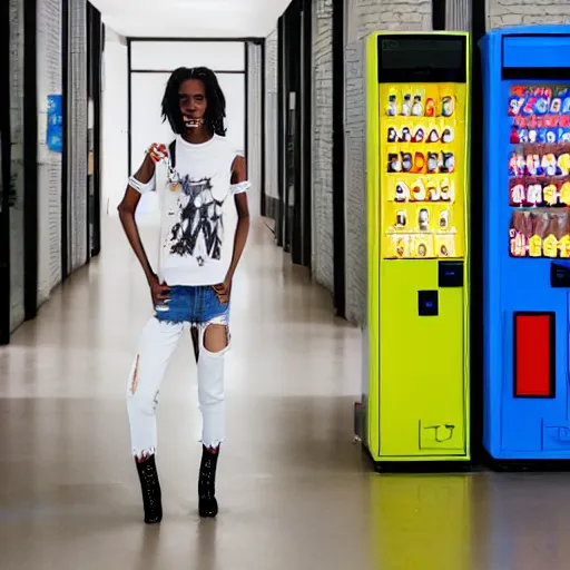 Image similar to a model wearing street fashion stands in a vast empty landscape next to a drinks vending machine